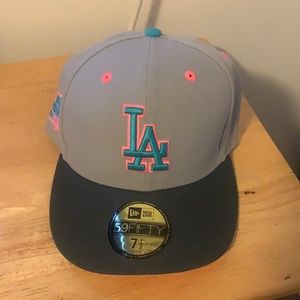 Pink and teal dodgers snapback baseball cap.